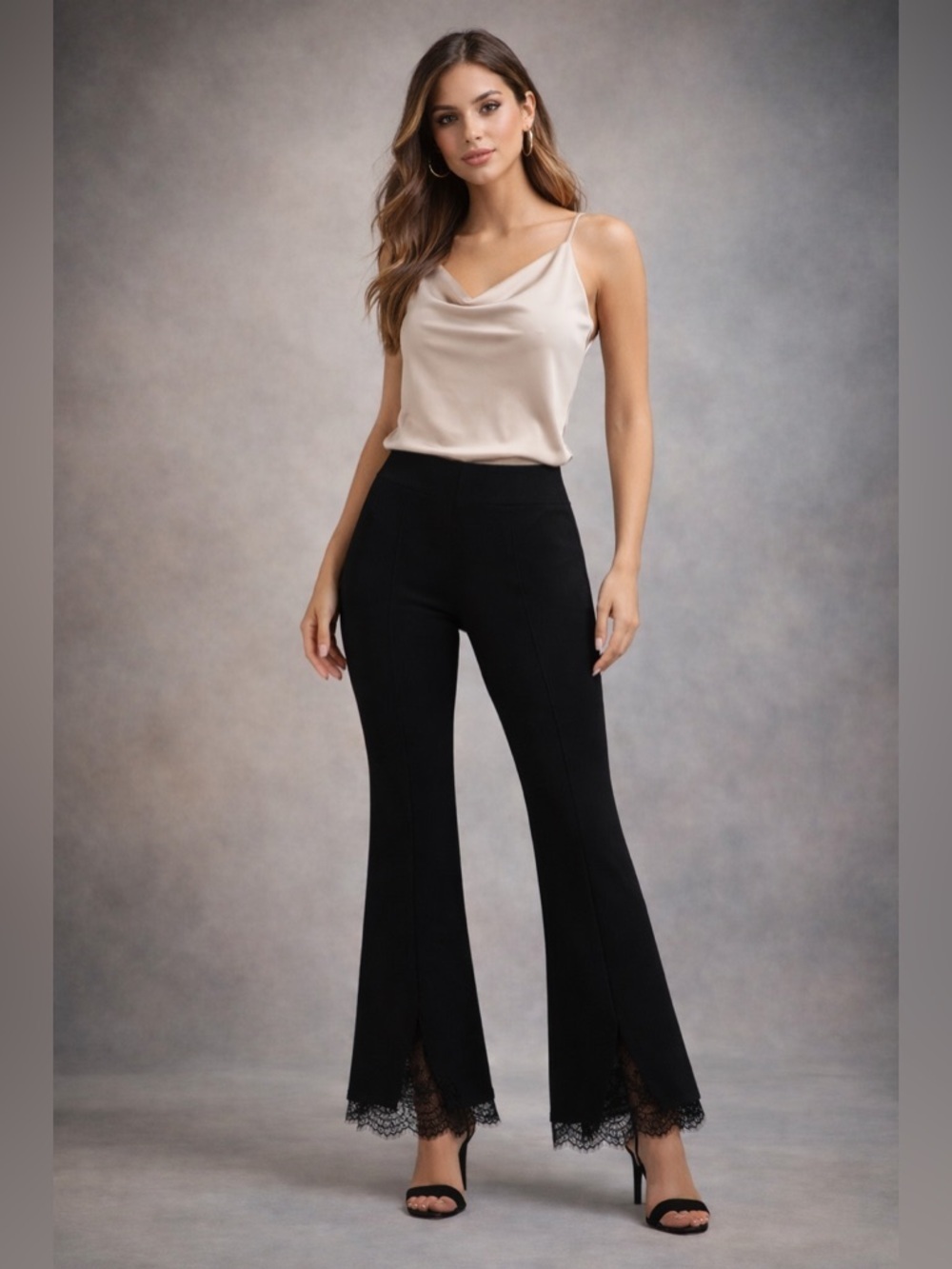 Slim Factor by Investments Black Flare Pants Lace Hem Stretch Pull-On Size S